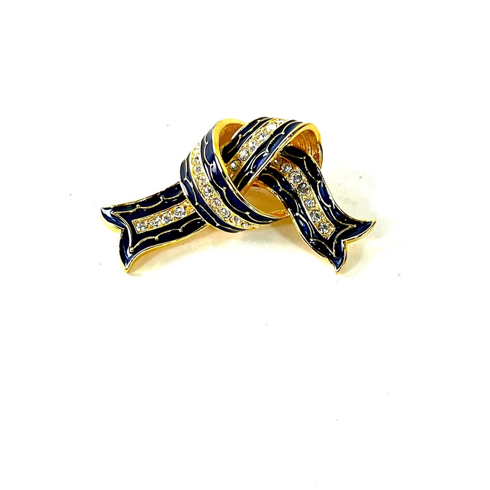 Joan Rivers Vintage Navy Blue Enamel Crystal Gold Tone Ribbon Knot Brooch Pin